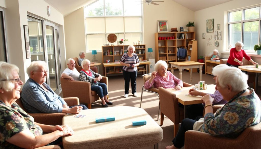 A cozy community center in Traralgon, where elderly residents gather for engaging social activities. Sunlight streams through large windows, illuminating an airy space with comfortable seating arrangements and colorful decor. In the foreground, a group of seniors play a lively game of cards, their faces animated with laughter and camaraderie. In the middle ground, others participate in a gentle exercise class, guided by a cheerful instructor. The background showcases a well-stocked arts and crafts station, where residents can indulge their creative passions. The overall atmosphere is one of warmth, inclusivity, and a sense of belonging, reflecting the vibrant social life within this aged care facility.