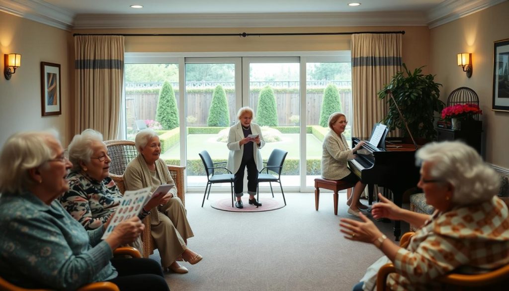 A cozy nursing home lounge with soft lighting and warm tones. In the foreground, a group of elderly residents engaged in a lively game of bingo, their faces alight with excitement. In the middle ground, a pianist plays soothing melodies, while a few residents sway gently to the music. In the background, a large window looks out onto a well-manicured garden, offering a serene and inviting view. The atmosphere is one of contentment and community, with the residents finding joy and connection through shared activities.