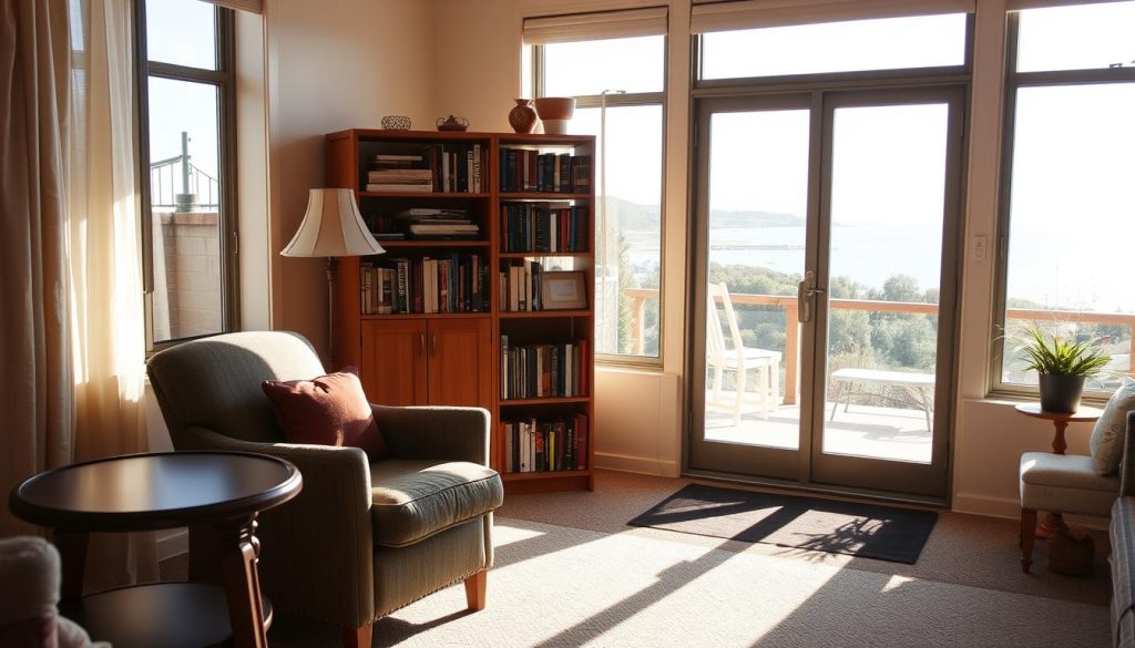 A cozy, sun-dappled living room in Busselton, Western Australia. In the foreground, a comfortable armchair and side table, perfect for quiet moments of relaxation. The middle ground features a well-organized bookshelf, a sign of the care and preparation put into this respite space. Warm, natural lighting filters in through large windows, casting a welcoming glow. The background showcases a picturesque view of the nearby coastline, hinting at the tranquil surroundings. The overall atmosphere conveys a sense of serenity and warmth, ready to provide a much-needed respite for those in need.