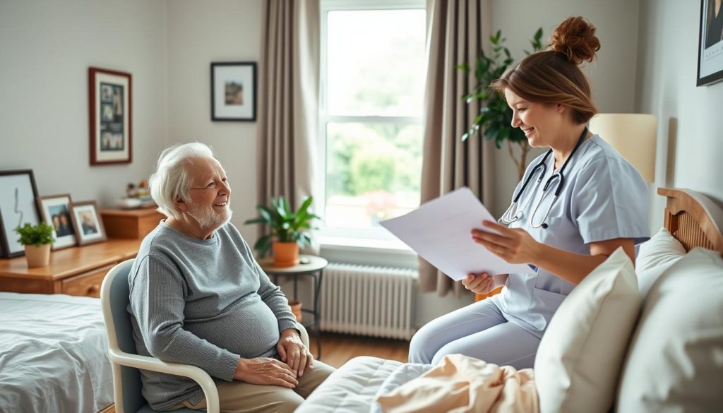 A cozy, well-lit nursing home room with a comfortable bed, nightstand, and personal touches like framed photos and a potted plant. In the foreground, an elderly resident sits by a window, their face beaming with contentment as a caring nurse reviews their personalized care plan, gesturing warmly. The background depicts a serene garden view, conveying a sense of tranquility and attentive, individualized care. Soft, natural lighting filters in, creating a warm, inviting atmosphere that reflects the compassionate, resident-centric approach to nursing home services.