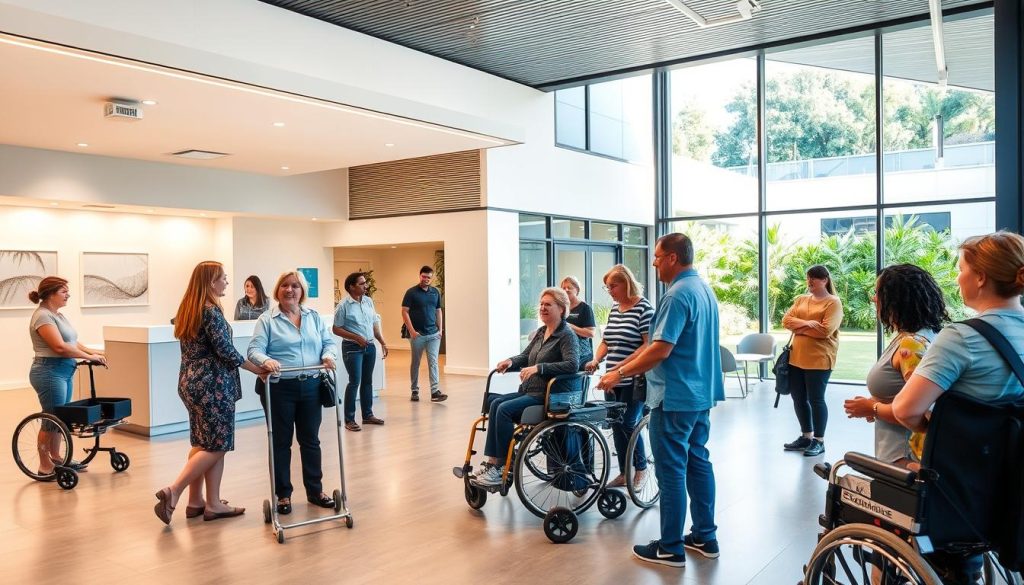 A modern, well-designed disability support services center in Redcliffe, Queensland. In the foreground, a group of diverse individuals with various mobility aids and assistive devices interacting with friendly staff. The middle ground features a welcoming lobby with a sleek, accessible reception desk and seating areas. The background showcases the building's clean architectural lines, large windows, and a lush landscaped outdoor space. The lighting is bright and natural, creating a warm, inclusive atmosphere. The overall scene conveys a sense of professionalism, compassion, and a commitment to empowering individuals with disabilities.