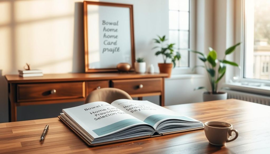 A serene home office interior with a wooden desk, a framed inspirational artwork, and a potted plant. Warm, natural lighting filters through a large window, casting a soft glow on the desk surface. On the desk, an open binder titled "Bowral Home Care Provider Selection Guide" lies alongside a pen and a cup of coffee. The room exudes a sense of productivity and thoughtfulness, reflecting the subject matter of the guide.