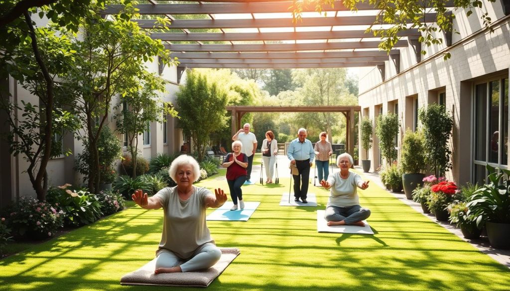 A serene, sun-dappled courtyard in an aged care facility, with elderly residents engaged in a range of wellness activities. In the foreground, a group of seniors practice gentle yoga poses on plush mats, their faces radiating calm and concentration. In the middle ground, others stroll leisurely along a winding path, some pushing walkers, others engaging in lively conversation. Lush greenery and flowering plants line the perimeter, creating a soothing, natural ambiance. Soft natural lighting filters through overhead trellises, casting a warm, inviting glow across the scene. The overall atmosphere exudes a sense of tranquility, community, and holistic wellbeing.
