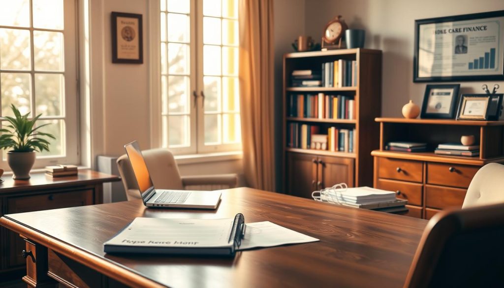 A sophisticated home office with a wooden desk, a laptop, and a planner. The room is bathed in warm, natural lighting from large windows, casting a cozy and inviting atmosphere. In the background, a bookshelf filled with finance-related books and a framed certificate on the wall suggest the specialized expertise of a home care financial planning professional. The scene conveys a sense of professionalism, diligence, and attention to detail, reflecting the careful considerations required for home care financial planning.