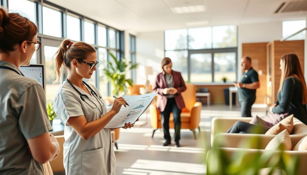 A spacious and well-appointed homecare facility in Dandenong, with a team of dedicated professionals carefully reviewing personalized care plans on a large monitor. The bright, modern interior features ample natural light, warm wood accents, and ergonomic furnishings that foster an atmosphere of comfort and attentive care. In the foreground, a nurse expertly annotates a patient's customized plan, ensuring every detail is tailored to their unique needs and preferences. The middle ground showcases the collaborative nature of the process, with other staff members engaged in thoughtful discussion. The background depicts a serene outdoor scene through large windows, suggesting a holistic approach to wellness and healing.