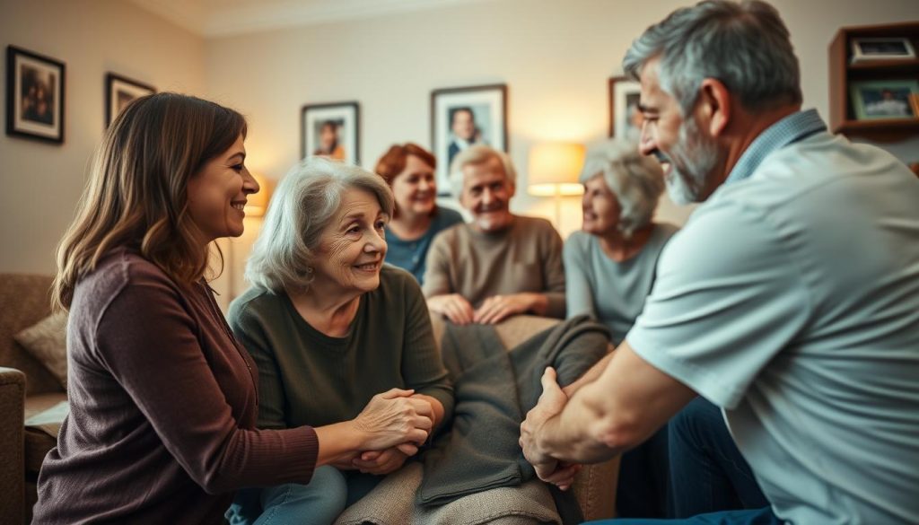 A warm, intimate scene of a multigenerational family gathered around an elderly relative in a cozy aged care residence. In the foreground, a daughter or daughter-in-law tenderly holds the hand of the elderly parent, their faces reflecting a deep connection. The middle ground shows other family members - a son, grandchildren - providing emotional support and engaging in conversation. The background depicts a welcoming, well-appointed living space with tasteful furnishings, soft lighting, and framed family photos on the walls, conveying a sense of comfort and security. The overall mood is one of care, empathy, and the importance of family involvement in the aged care journey.