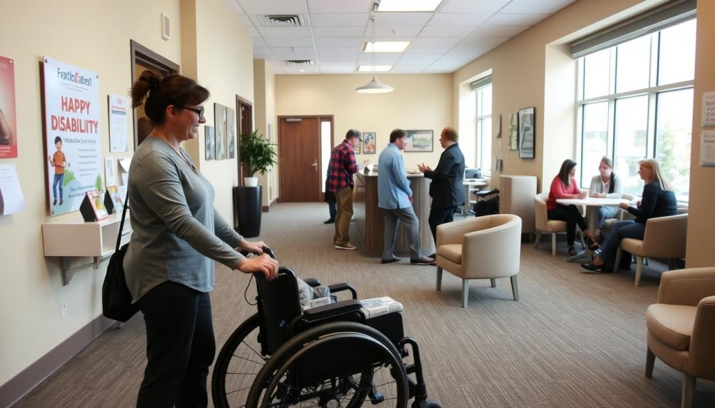 A warm, inviting office space with a reception area and several private consultation rooms. The walls are adorned with cheerful artwork and informative posters about disability services. In the foreground, a casually dressed staff member greets a visitor in a wheelchair, guiding them towards a comfortable seating area. Soft natural lighting filters in through large windows, creating a calming, inclusive atmosphere. In the background, other staff members can be seen having friendly discussions with clients, offering personalized attention and support. The overall scene conveys a sense of professionalism, empathy, and a deep commitment to meeting the unique needs of individuals with disabilities.