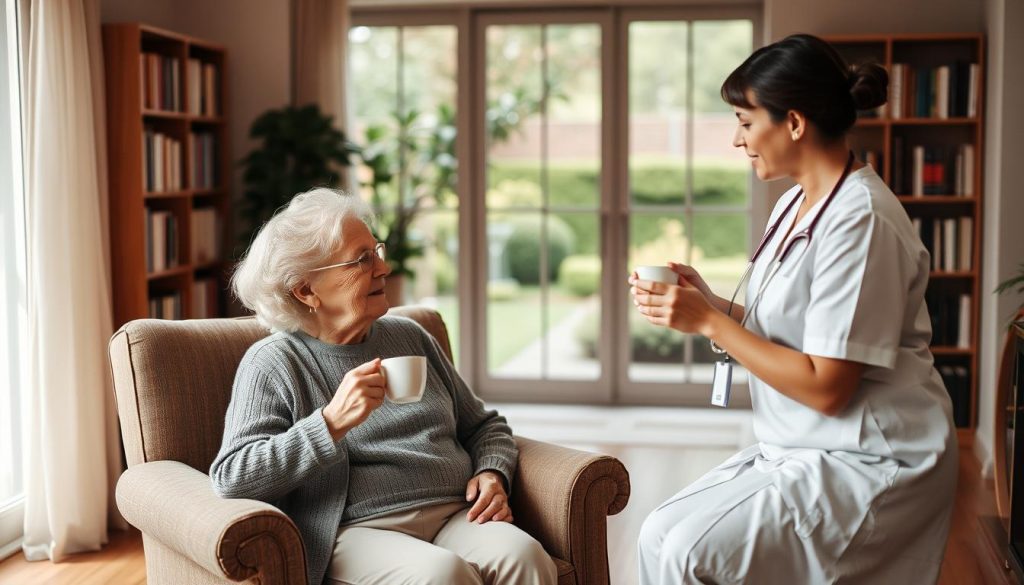 An elderly woman sitting in a comfortable armchair, enjoying a cup of tea while a caregiver attentively listens to her. The living room is filled with warm, soft lighting, creating a cozy, welcoming atmosphere. Bookshelves line the walls, suggesting an intellectual and contemplative environment. Through a large window, a well-maintained garden can be seen, hinting at the tranquility of the Mayfield community. The caregiver's gentle, compassionate expression conveys a sense of personal care and support.