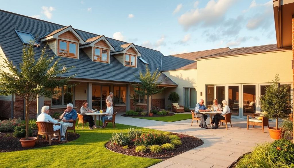 Prompt A serene assisted living facility nestled in the rolling hills of Aberfoyle, its warm and inviting exterior beckoning seniors to explore the tranquil gardens and well-appointed common spaces. Residents converse over tea in cozy nooks, while staff attentively cater to their needs. Soft natural light floods the spacious, modern interiors, creating a sense of comfort and security. An array of tailored care options, from independent living to memory care, are thoughtfully presented, allowing prospective residents to envision the perfect fit for their golden years. The scene conveys a harmonious blend of professionalism, personalized attention, and a genuine commitment to enhancing the quality of life for Aberfoyle's aging population.