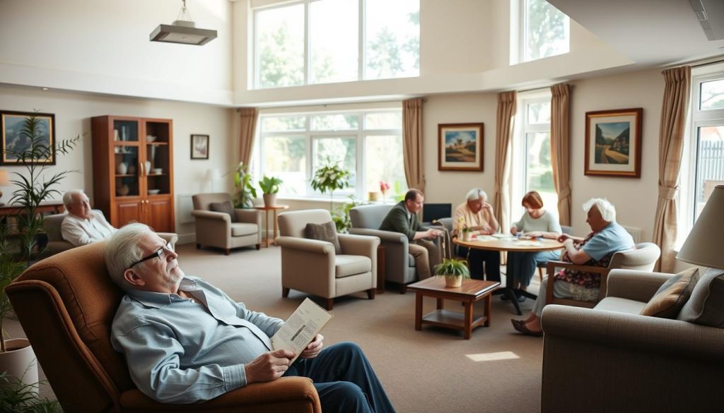 a quiet, cozy living room in an aged care facility, with residents engaged in various activities like reading, crafting, and conversing. The room is filled with natural light filtering through large windows, creating a warm and inviting atmosphere. The furniture is comfortable and practical, with plush sofas and armchairs arranged in a way that encourages social interaction. Potted plants and artwork on the walls add a touch of homeliness to the space. In the foreground, an elderly gentleman sits in a recliner, engrossed in a book, while a group of residents gather around a table, working on a jigsaw puzzle together. The overall mood is one of tranquility and contentment, conveying the sense of a caring and supportive community.