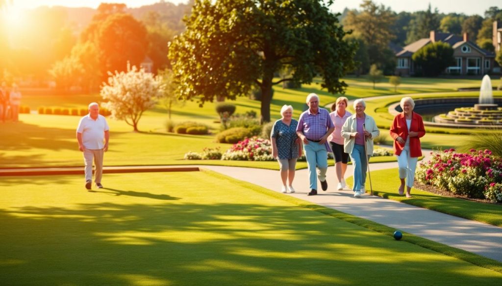 a serene and vibrant retirement village, with residents engaged in a variety of leisure activities. the foreground features a group of seniors playing lawn bowls on a well-manicured green, with the bright sun casting long shadows. in the middle ground, a group of friends stroll leisurely along a path, chatting and enjoying the tranquil surroundings. the background reveals a picturesque landscape, with lush trees, blooming flowers, and a soothing water feature. the scene is bathed in warm, natural lighting, creating a welcoming and rejuvenating atmosphere. the overall impression is one of a thriving, active, and content retirement community.